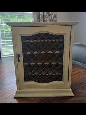 Distressed Pale Yellow Wood Cabinet with Lattice Door - Home Storage